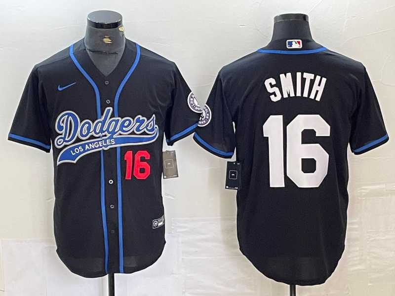 Men%27s Los Angeles Dodgers #16 Will Smith Number Black With Patch Cool Base Stitched Baseball Jersey